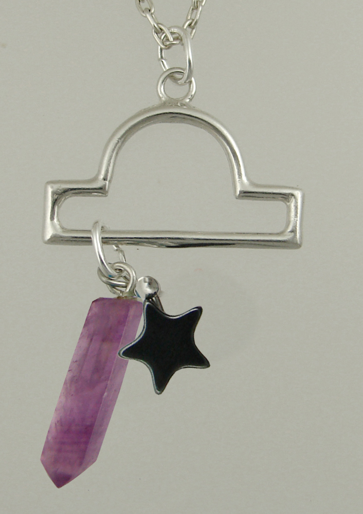 Sterling Silver Libra Pendant Necklace With an Amethyst Crystal And a Black Onyx Star